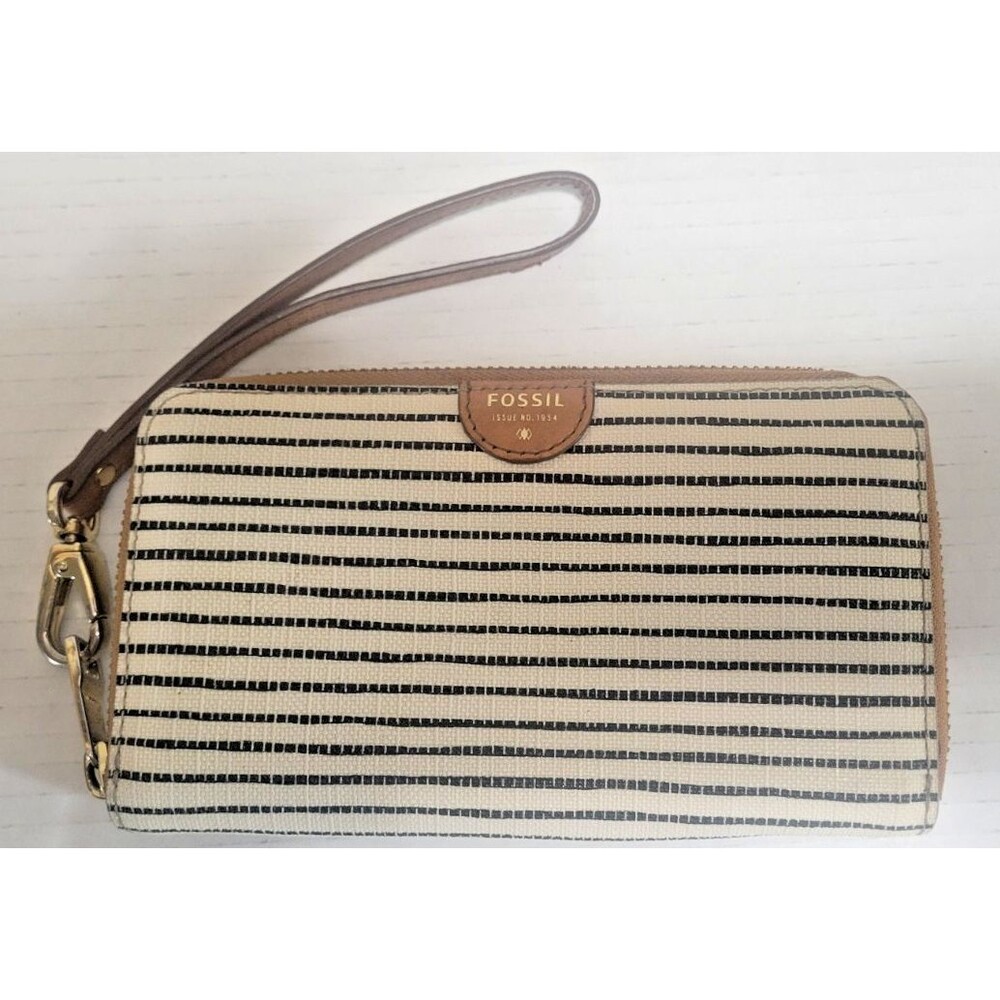 FOSSIL black & white striped coated canvas wristlet wallet brown leather trim